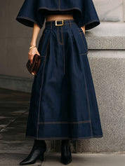 Classic Denim Stand Collar Cape & Topstitched Midi Skirt Set