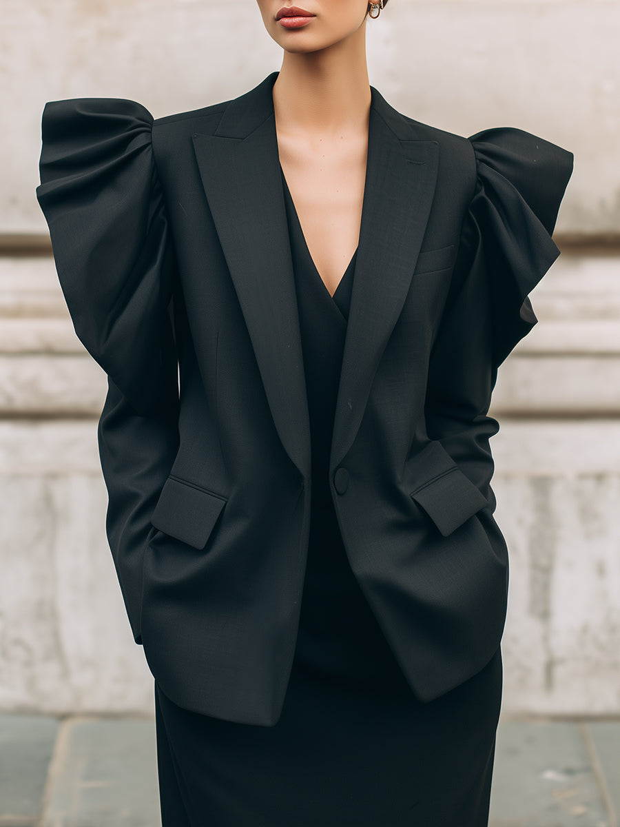 Modern Classic Puff StructuredSleeves Black Wool Blazer