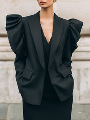 Modern Classic Puff StructuredSleeves Black Wool Blazer