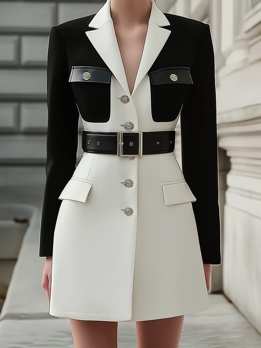 Old Money Contrast Panel Blazer Wool Blend Mini Dress