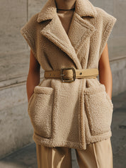 Quiet-Luxury Oversized Belted Faux Teddy Wool Vest