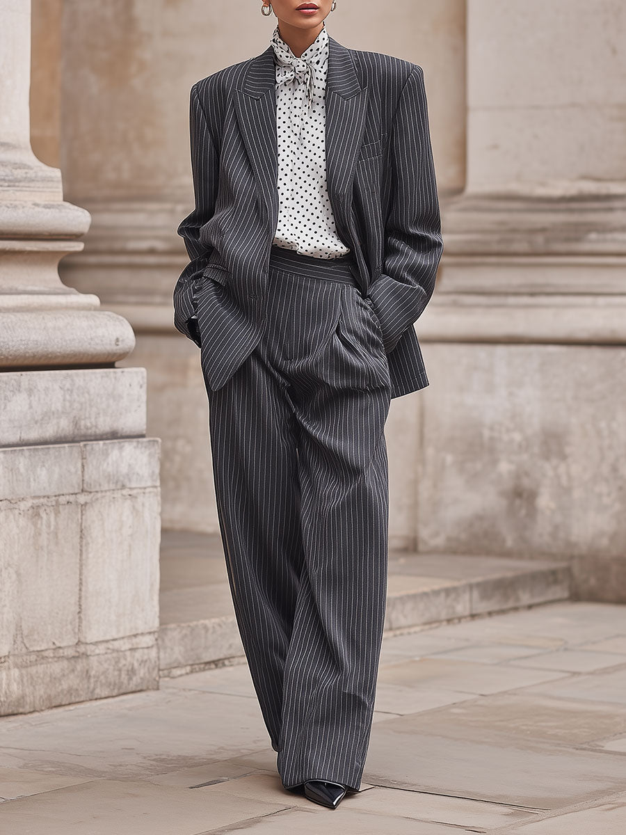 Neutral Pinstripe Lapel Blazer & Pleated Wide-leg Pants Set