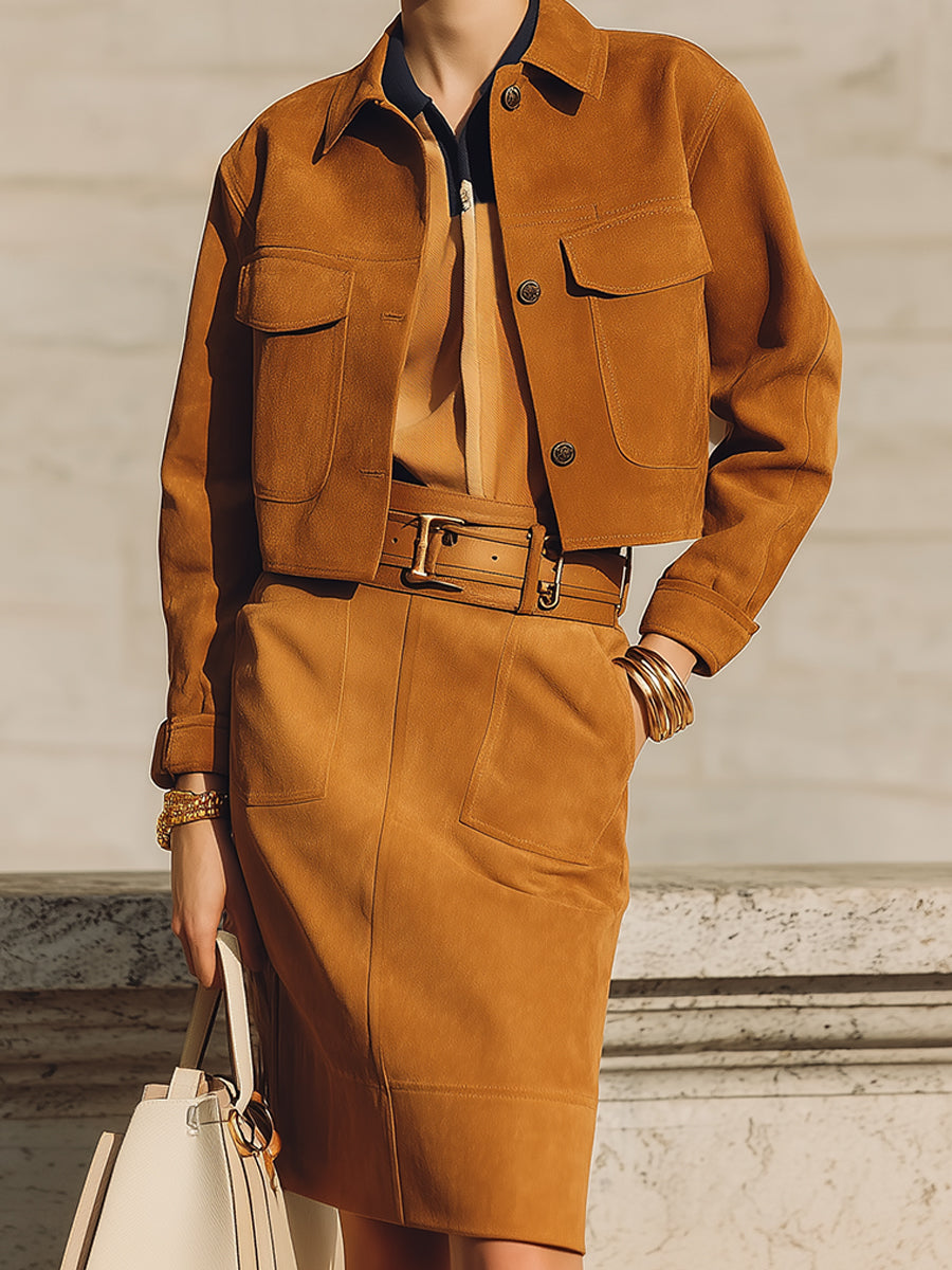 Minimalist Eco-friendly Suede Cropped Jacket & Seam Front Pencil Skirt Set