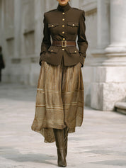 Old-Money Style Military Structured Jacket & Belted Printed Maxi Skirt Set