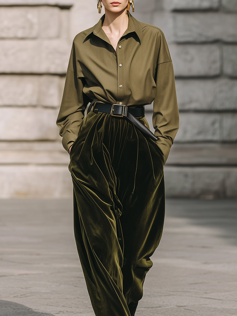 Old Money Minimalist Shirt & Polyester Velvet Straight Pants Suit Including Belt