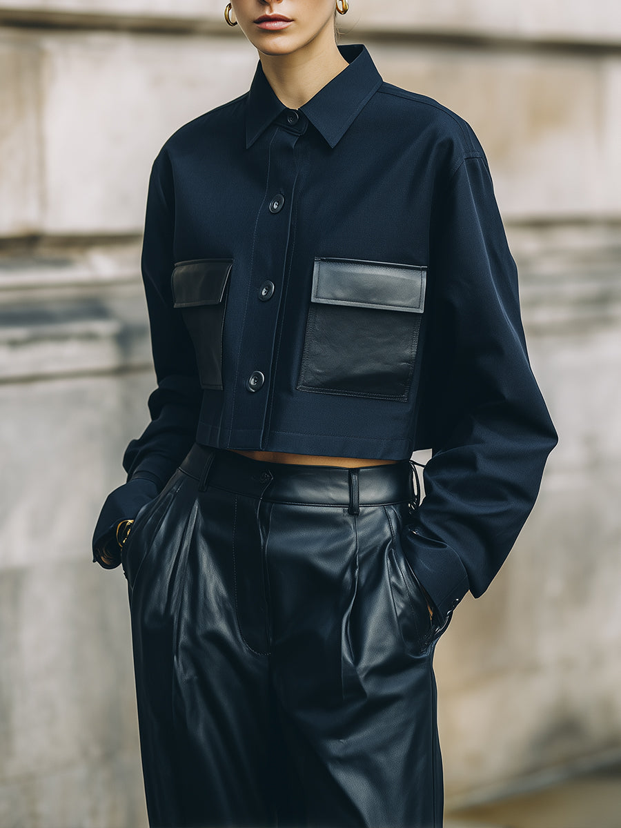 Androgynous Minimalist Cropped Wool Blend Jacket With Eco-friendly Leather Patch Pockets