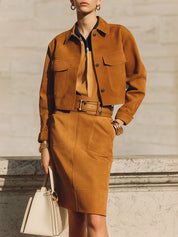 Minimalist Eco-friendly Suede Cropped Jacket & Seam Front Pencil Skirt Set
