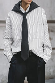 90s Minimalist Striped Power Shirt Hoodie With Integrated Tie