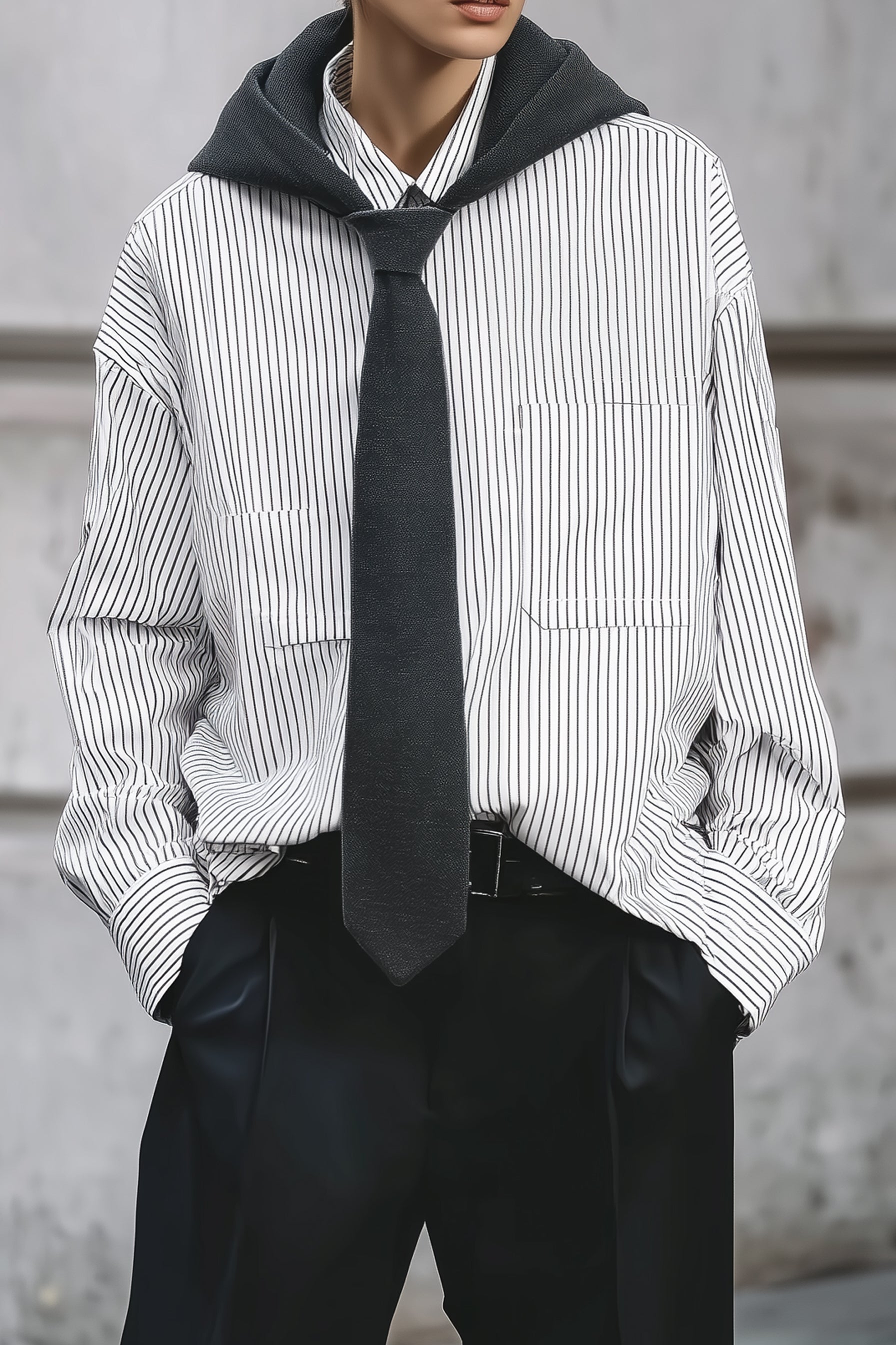 90s Minimalist Striped Power Shirt Hoodie With Integrated Tie
