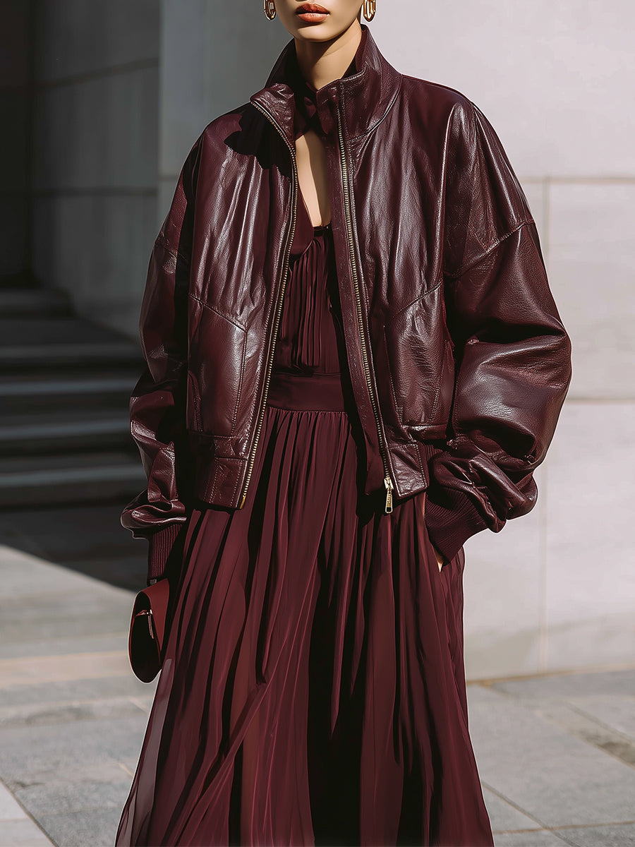 Simple Eco-friendly Leather Oversized Threaded Patchwork Jacket