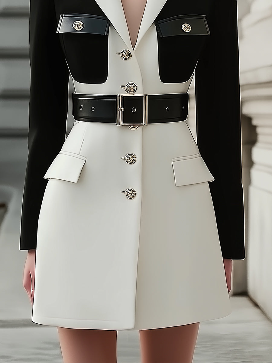 Old Money Contrast Panel Blazer Wool Blend Mini Dress