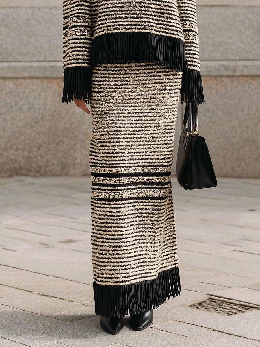 Commuter Striped Knitted Fringed Hem Dropped Shoulder Sweater & Long Straight Skirt Set