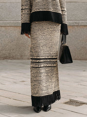 Commuter Striped Knitted Fringed Hem Dropped Shoulder Sweater & Long Straight Skirt Set