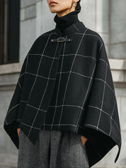 Minimalist Checked Metal Buckle Wool-Blend Cape