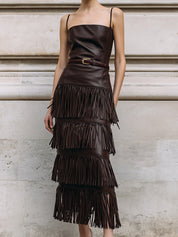 Retro Multi-layered Tassel Eco-friendly Leather Suspender Midi Dress