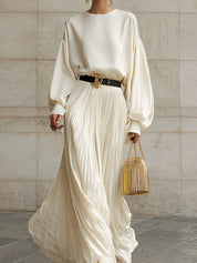 Minimalist Dropped Shoulder Lantern Sleeve Blouse & Pleated Floor-length Skirt Set