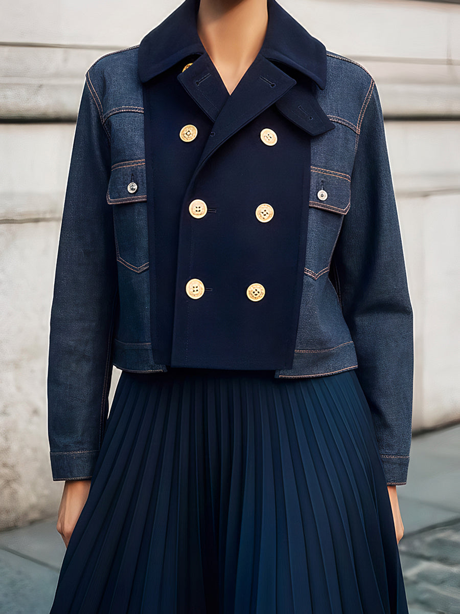 Vintage Inspired Double-Breasted Hybrid Jacket In Denim And Wool