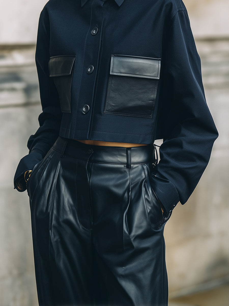 Androgynous Minimalist Cropped Wool Blend Jacket With Eco-friendly Leather Patch Pockets