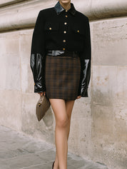 Old Money Minimalist Wool-Blend Jacket With Glossy Leather Trim