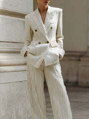 Androgynous Chic Striped Cotton Blazer & Straight-leg Pants Set