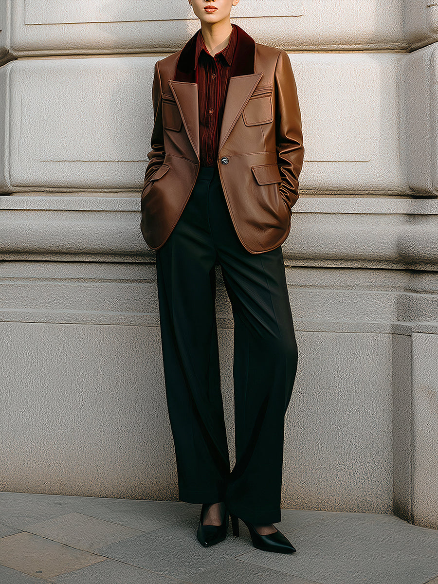 Old Money Suede-Collar Sculptural Eco-friendly Leather Blazer