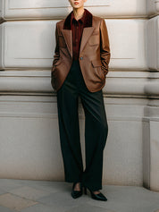 Old Money Suede-Collar Sculptural Eco-friendly Leather Blazer