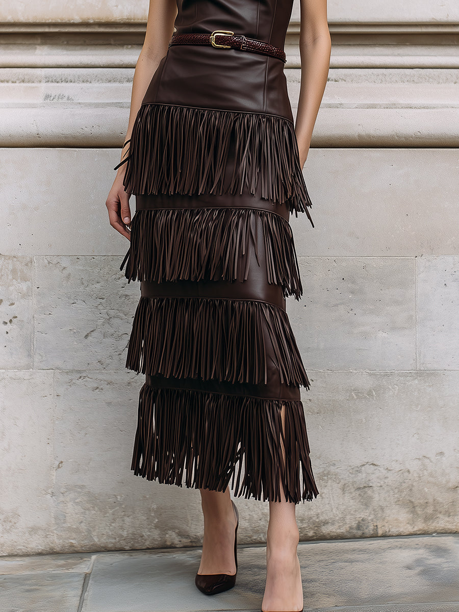 Retro Multi-layered Tassel Eco-friendly Leather Suspender Midi Dress