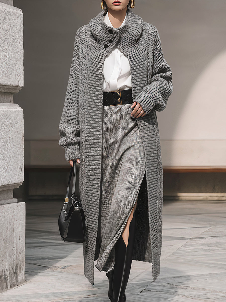 Minimalist Drop-shoulder Button-embellished Turtleneck Mid-length Knitted Cardigan