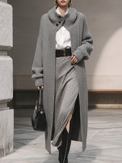 Minimalist Drop-shoulder Button-embellished Turtleneck Mid-length Knitted Cardigan