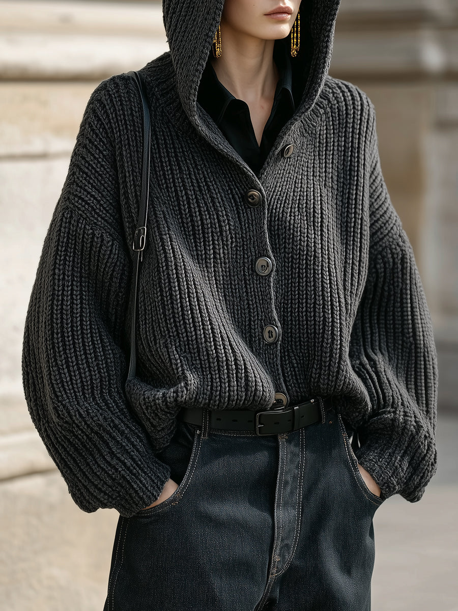 Uniquely Designed Oversized Knitted Hooded Single-breasted Cardigan