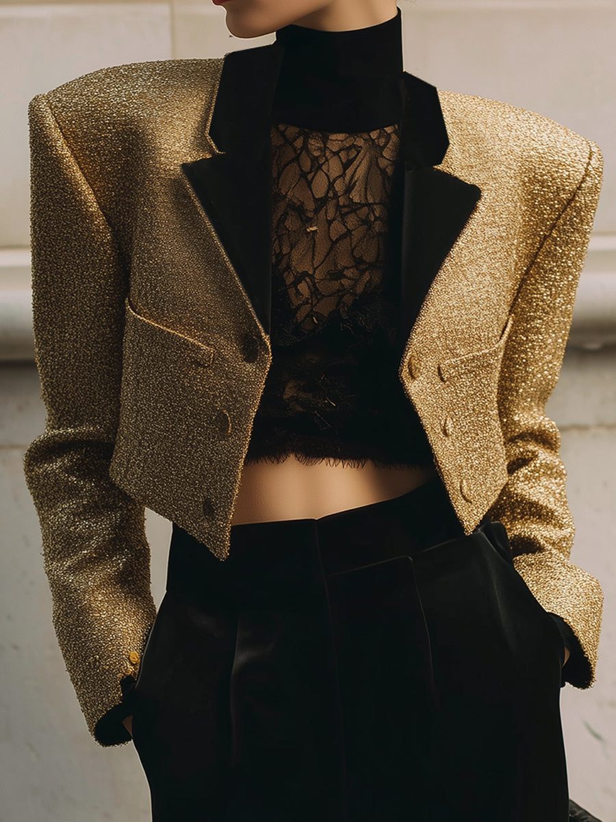 Old Money Style Velvet Collar Cropped Short Jacket With Soft Shoulder Pads