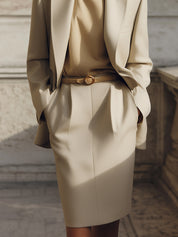 Androgynous Chic Lapel Blzaer & Diagonal Pockets Back Slit Cotton Skirt Set