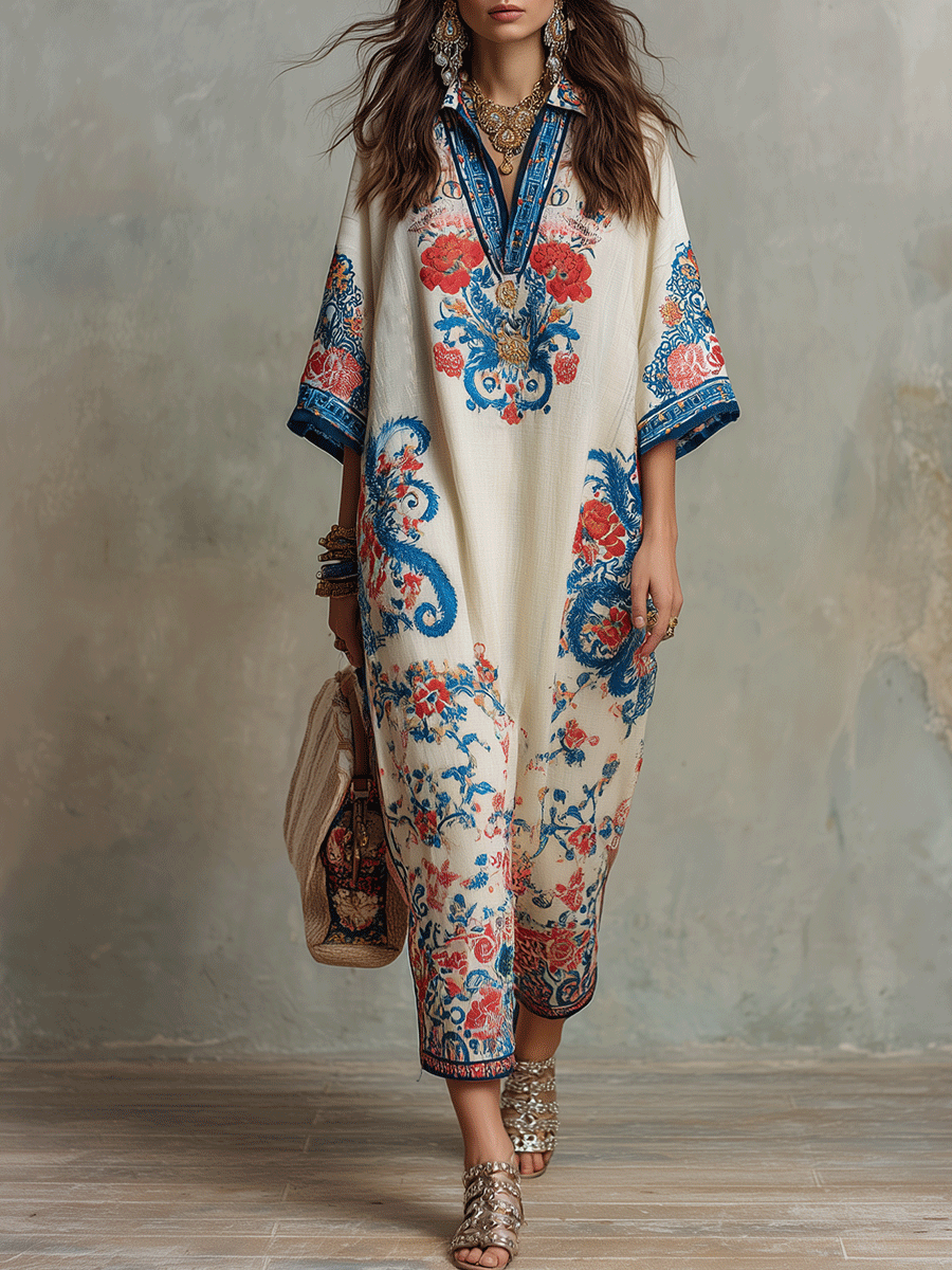 kaftan style midi dress Bohemian Floral Print Loose Maxi Dress for Vacation & Resort