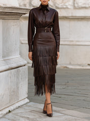 Old Money Eco-friendly Leather Blouse & Multi-layered Tassel Hem Belted Skirt Set