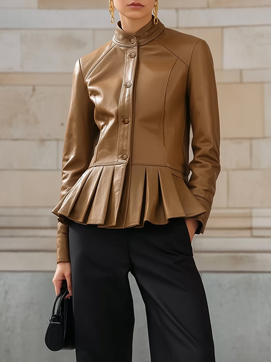 Androgynous Chic Structured Pleated Hem Eco-friendly Leather Jacket