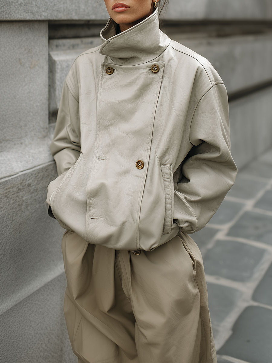 Minimalist Oversized Eco-friendly Leather Off-shoulder Jacket