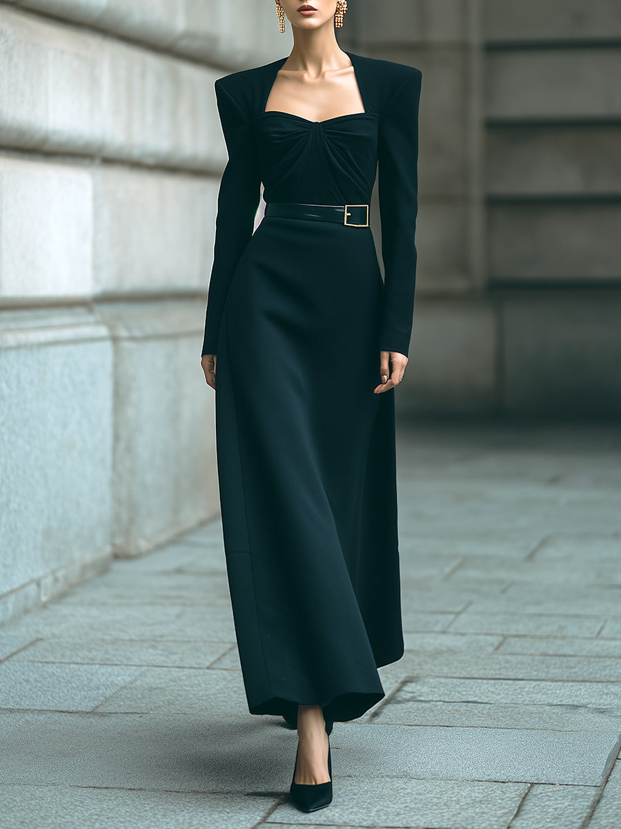 Old Money Draped Waist Black Wool Blend Maxi Dress