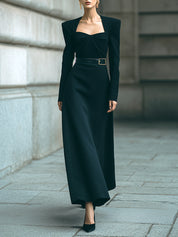 Old Money Draped Waist Black Wool Blend Maxi Dress