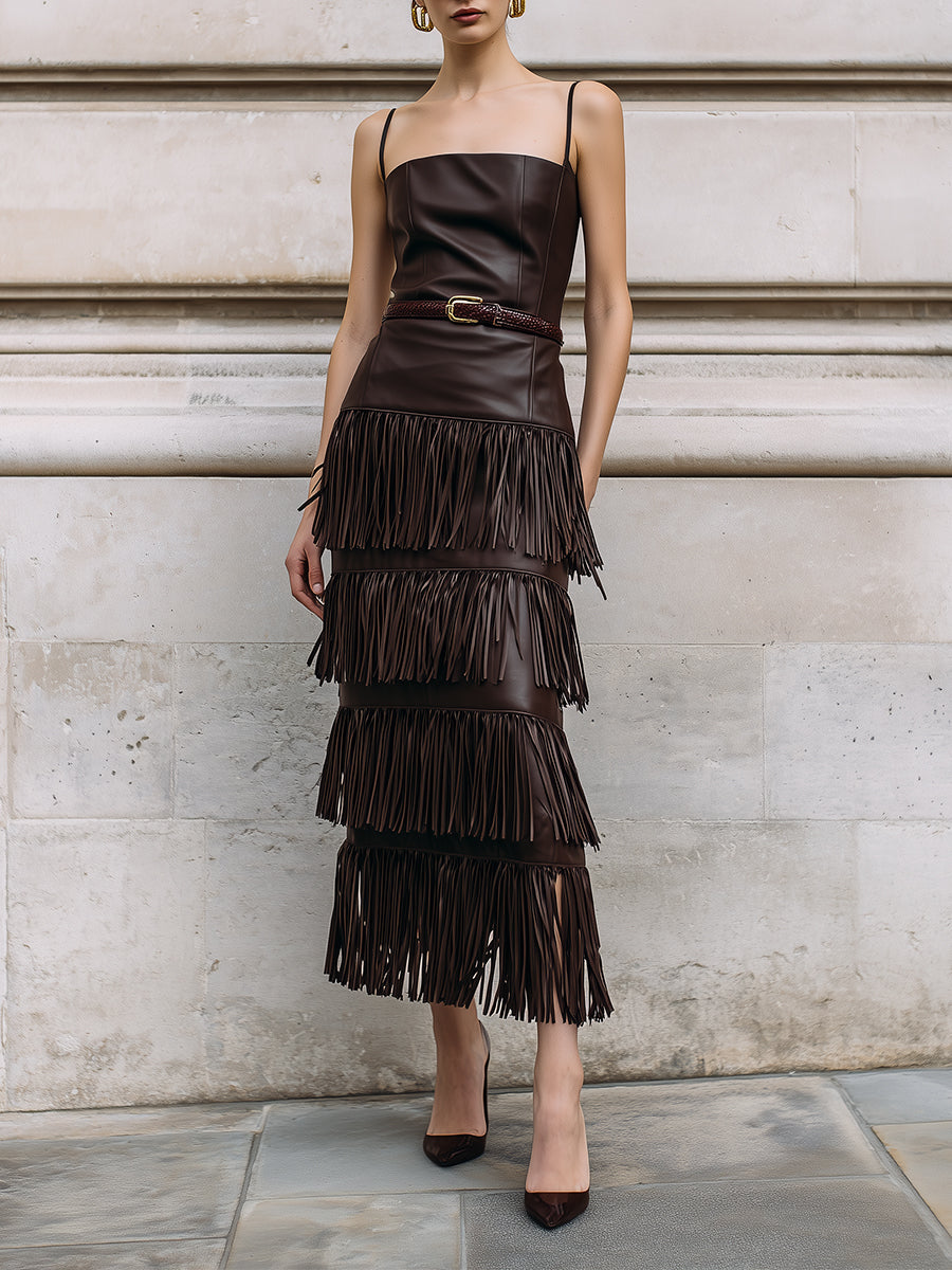 Retro Multi-layered Tassel Eco-friendly Leather Suspender Midi Dress