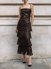 Retro Multi-layered Tassel Eco-friendly Leather Suspender Midi Dress