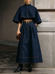 Classic Denim Stand Collar Cape & Topstitched Midi Skirt Set