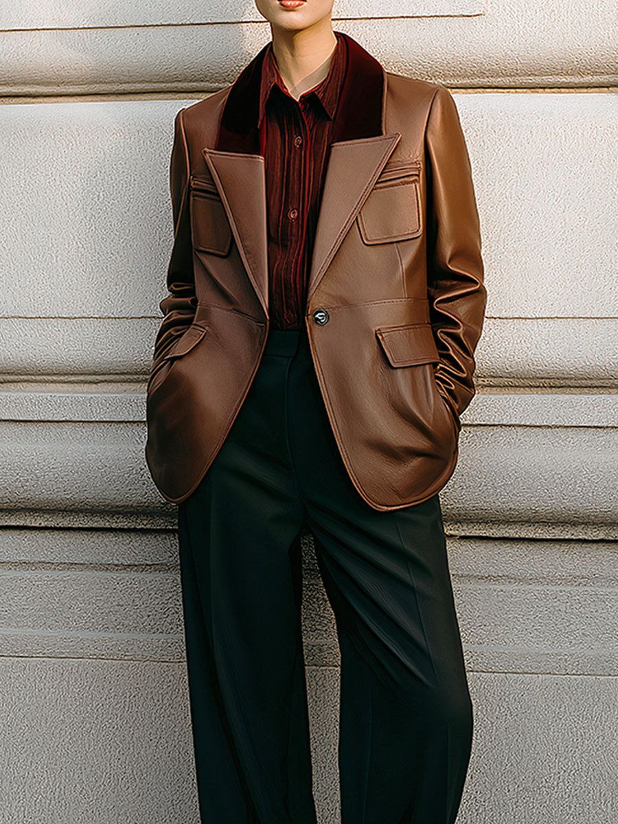 Old Money Suede-Collar Sculptural Eco-friendly Leather Blazer