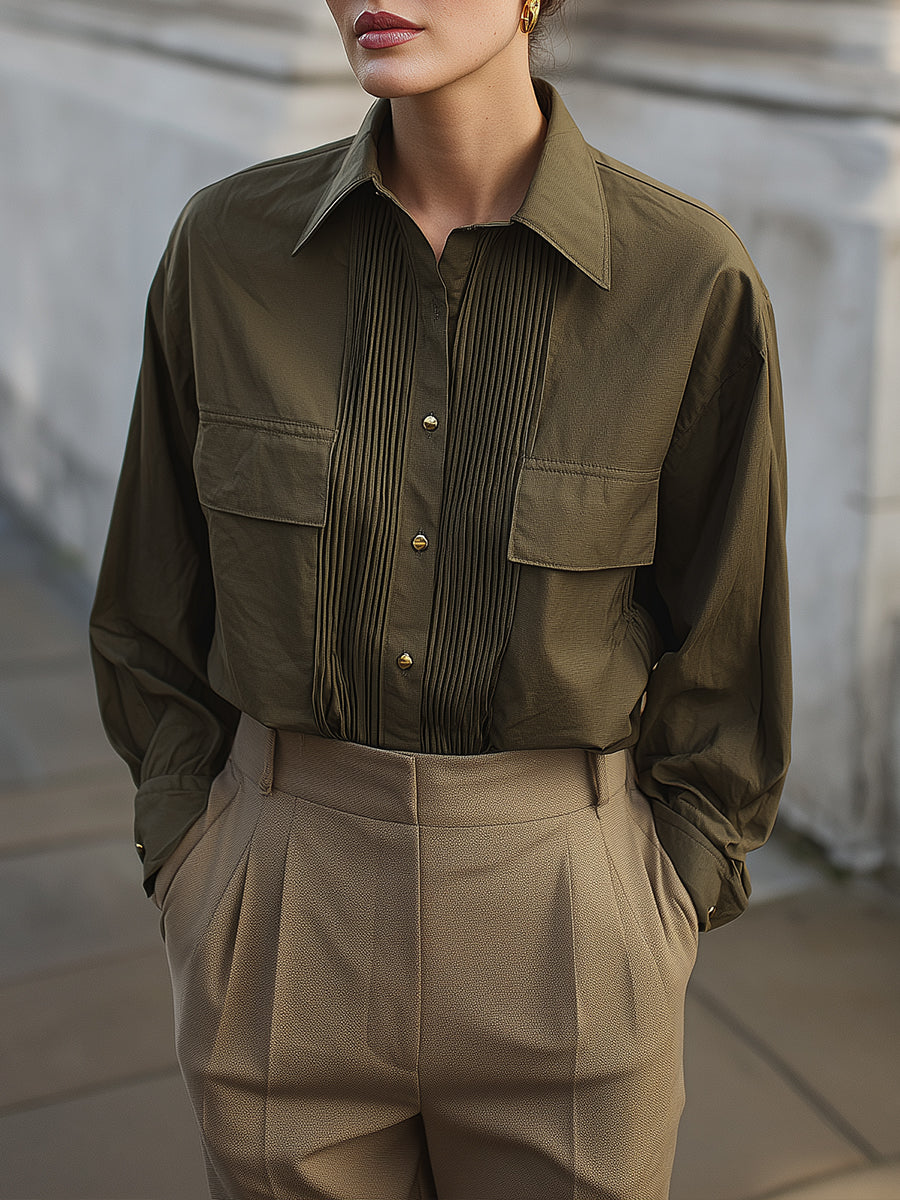 Modern Vintage Sharp Pleated Front Panel Structured Cotton Shirt