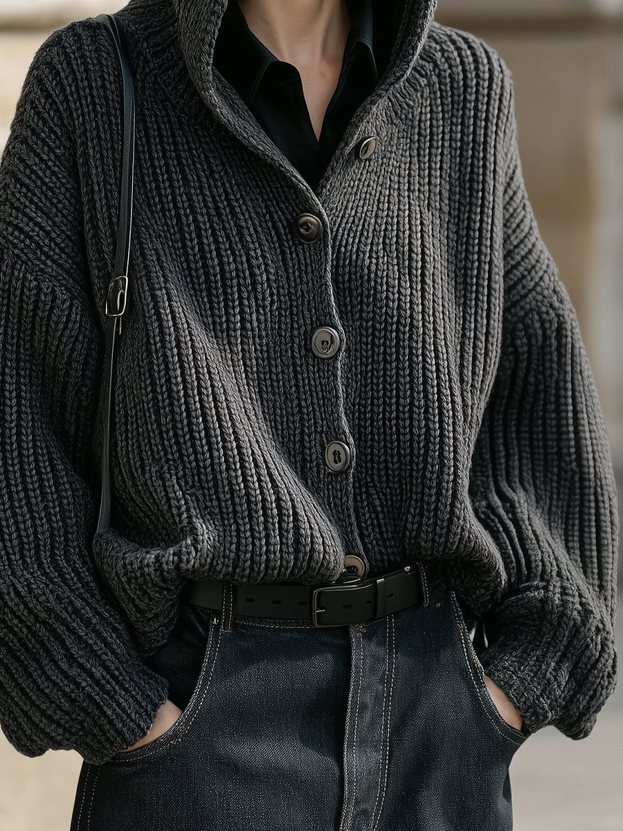 Uniquely Designed Oversized Knitted Hooded Single-breasted Cardigan