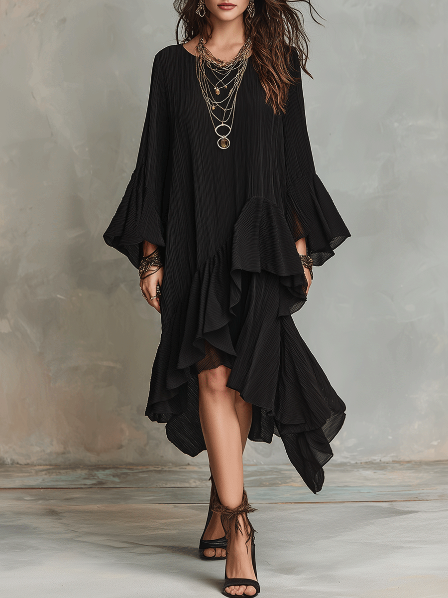 Asymmetric Ruffle Black Boho Midi Dress with Flowy Sleeves | Gloeria GLOERIA Asymmetric Ruffle Black Boho Midi Dress with Flowy Sleeves | Gloeria GLOERIA