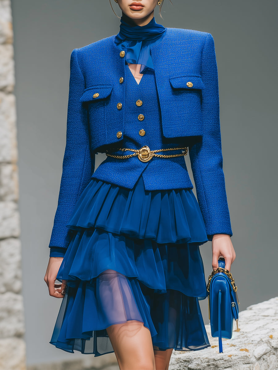 Uniquely Designed Multi-layered Chiffon Ruffled Knee-length Skirt And Scarf