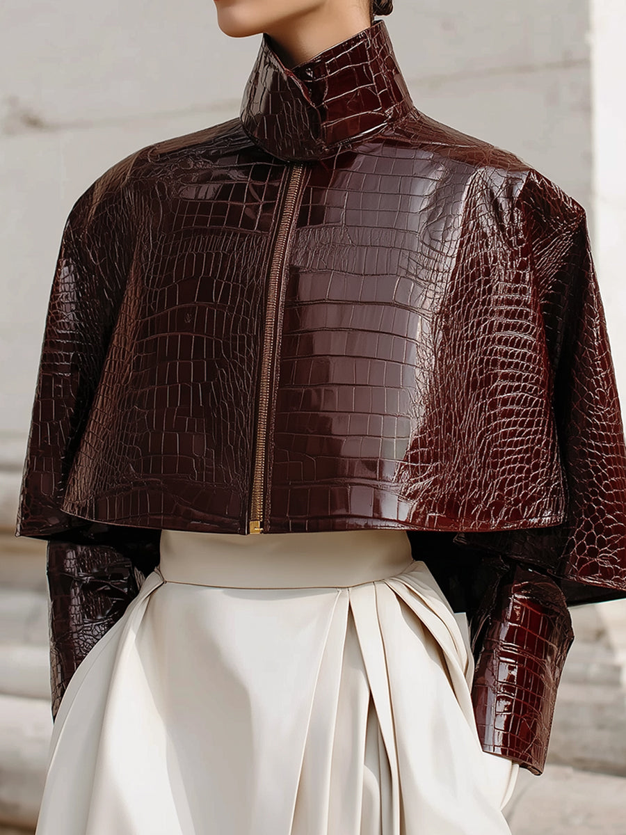Minimalist Cape Collar Glossy Crocodile Eco-leather Jacket