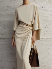 Minimalist Ruffled Sleeves Satin Waist Pleated Metal Ring Decoration Maxi Dress