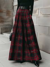 Classic Plaid Double-layer Metal Buckle Belt Decorated With Pleated A-line Long Skirt