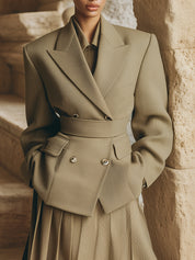 Androgynous Chic Lapel Woolen Double-breasted Blazer With Belt